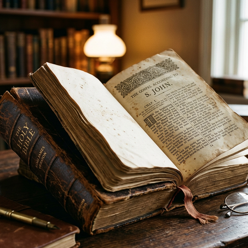 Old Holy Bible open to the Gospel of John with aged pages