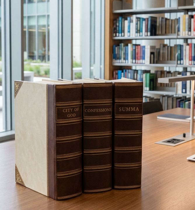 Two stacks of old leather-bound books on a wooden table inside a traditional library