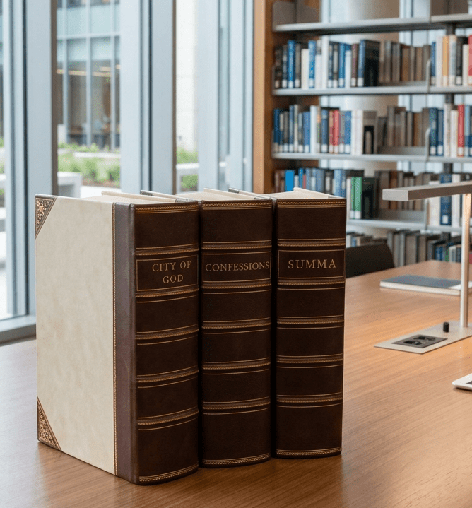 Two stacks of old leather-bound books on a wooden table inside a traditional library