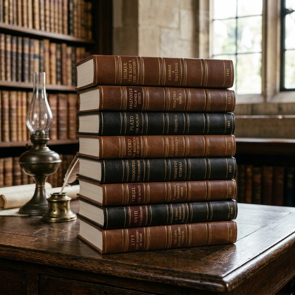 Stack of old leather-bound classical literature books on wooden desk