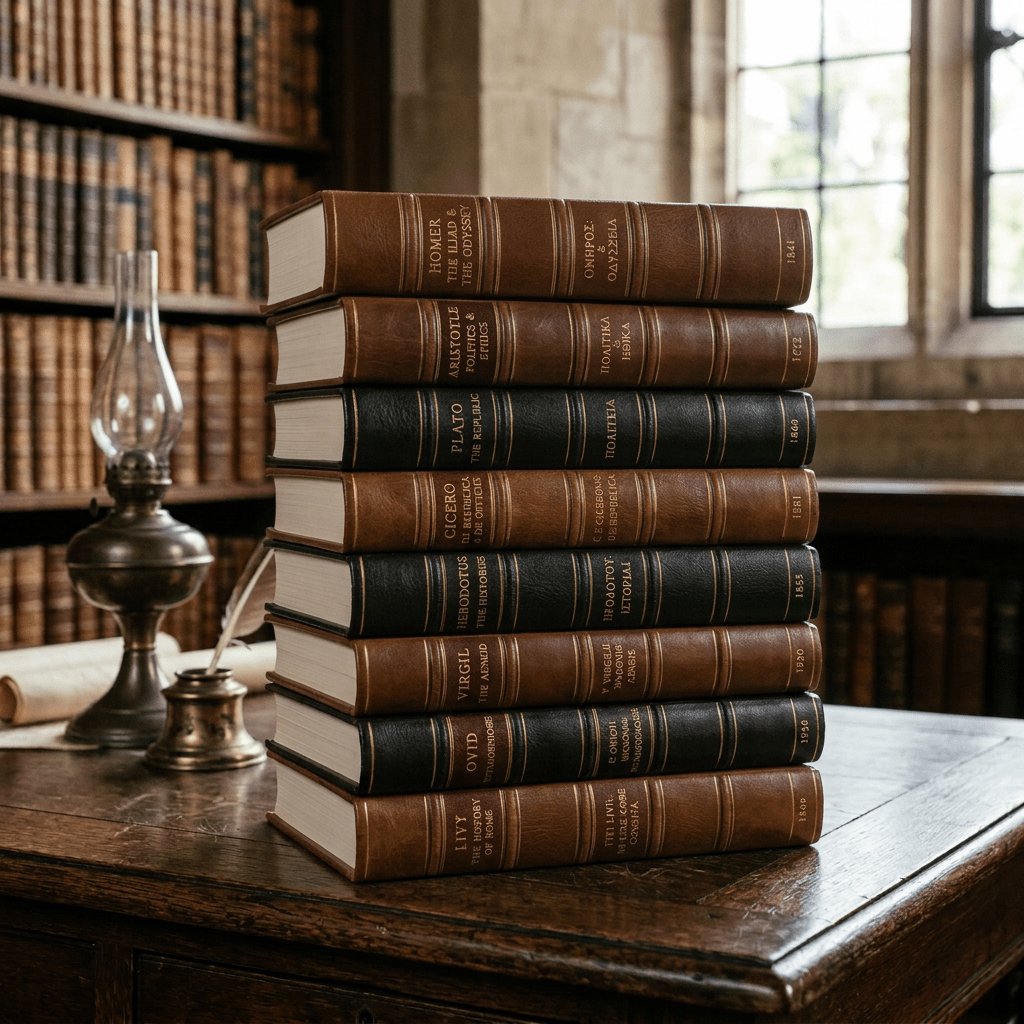 Stack of old leather-bound classical literature books on wooden desk